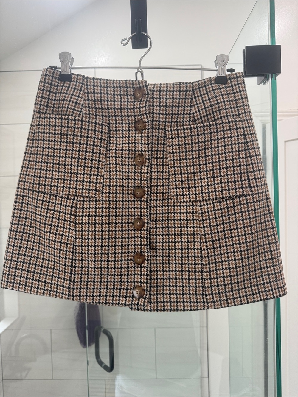 Sezane Houndstooth Button-Front Mini Skirt - Beige/Black